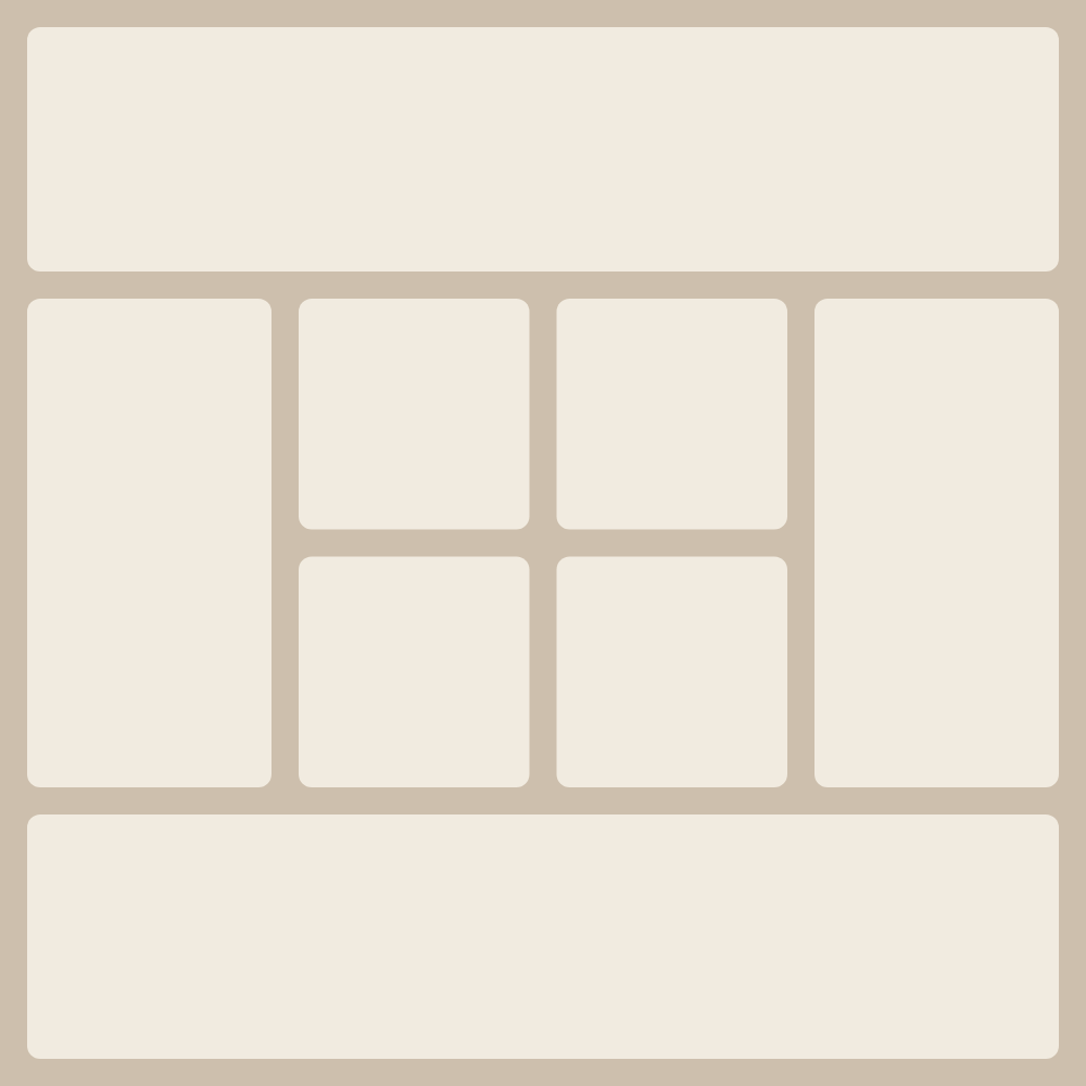 '8: Two bands + 2×2 center + side cols' layout — collage from 8 photos