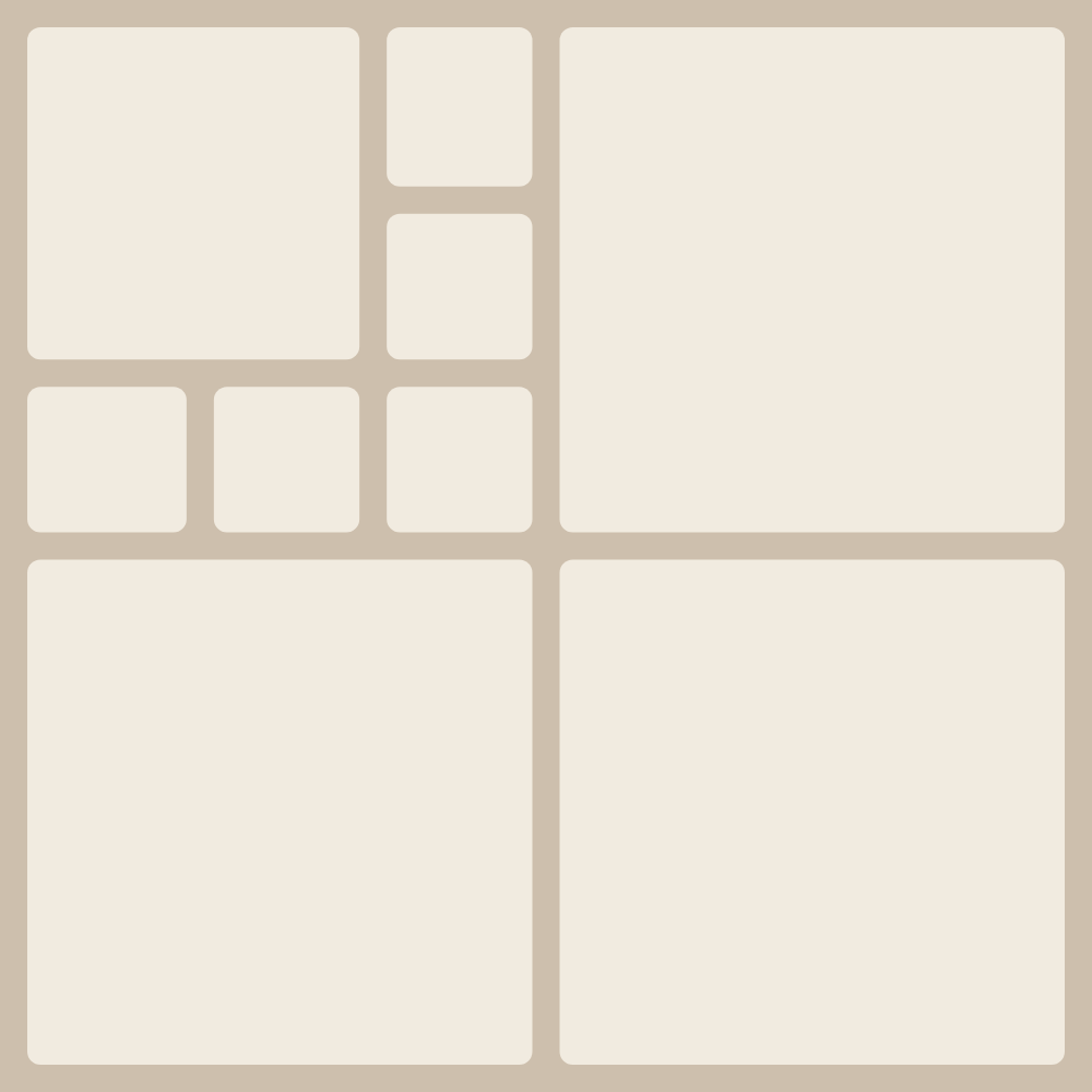 Layout „9: Eckmosaik + drei Quadranten“ — Collage mit 9 Bildern