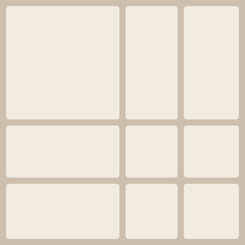 Layout „9: Raster 3×3 mit Hauptbild in der Ecke“ — Collage mit 9 Bildern