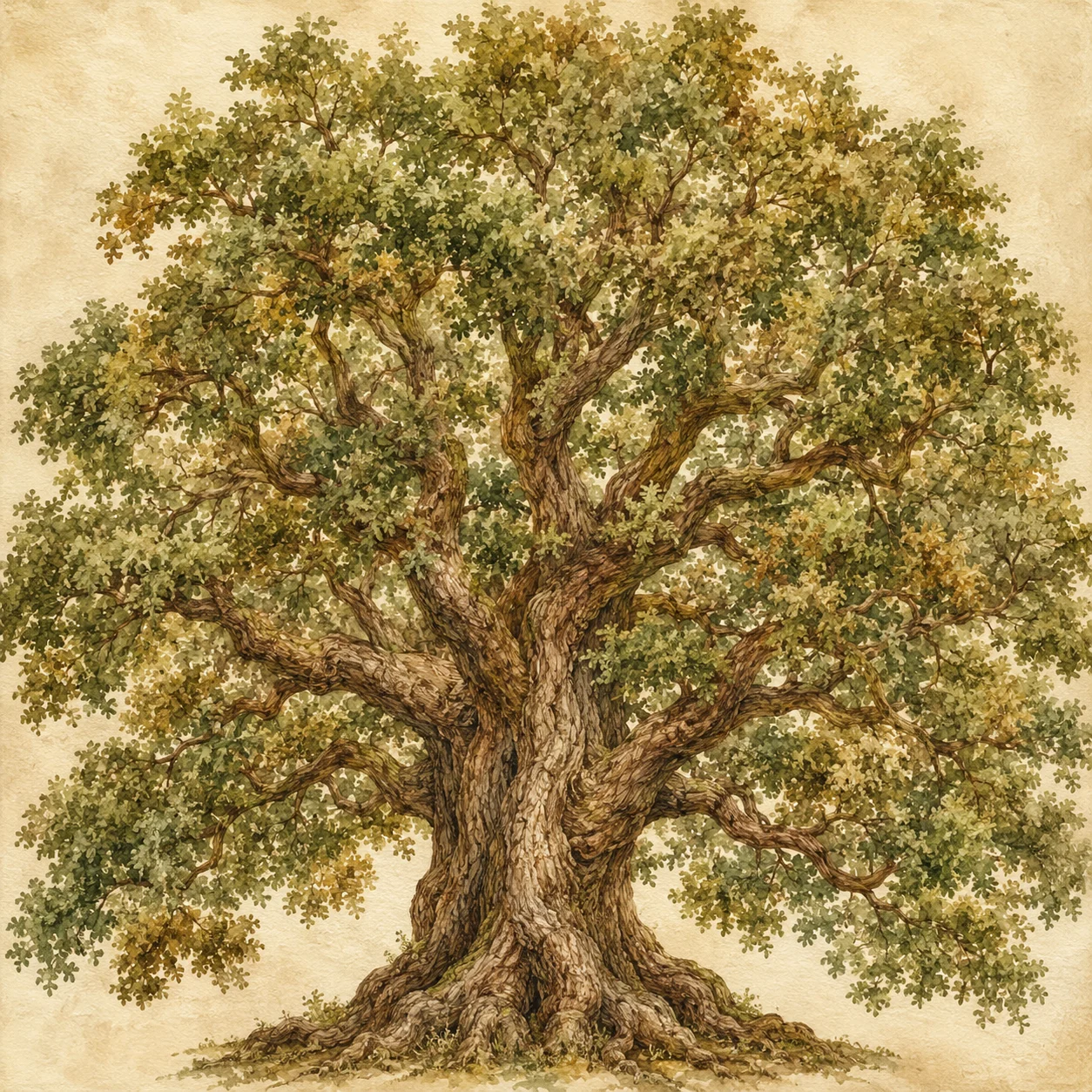 Vintage oak family tree in warm tones