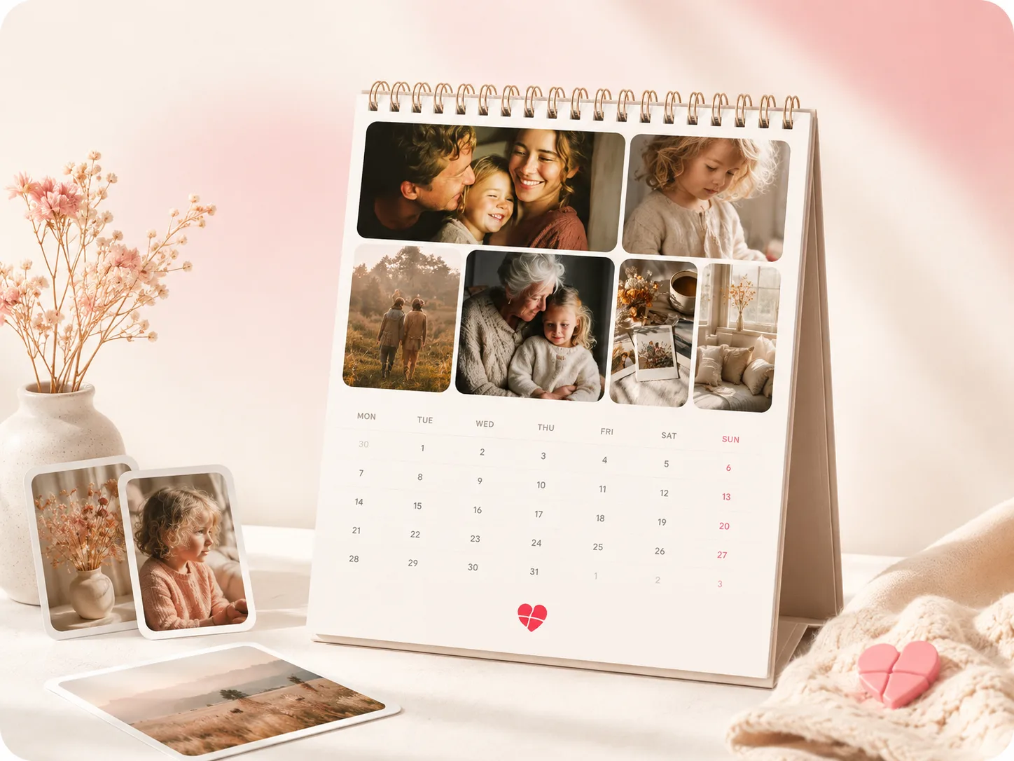 A desk photo-calendar collage of family photos with a date grid