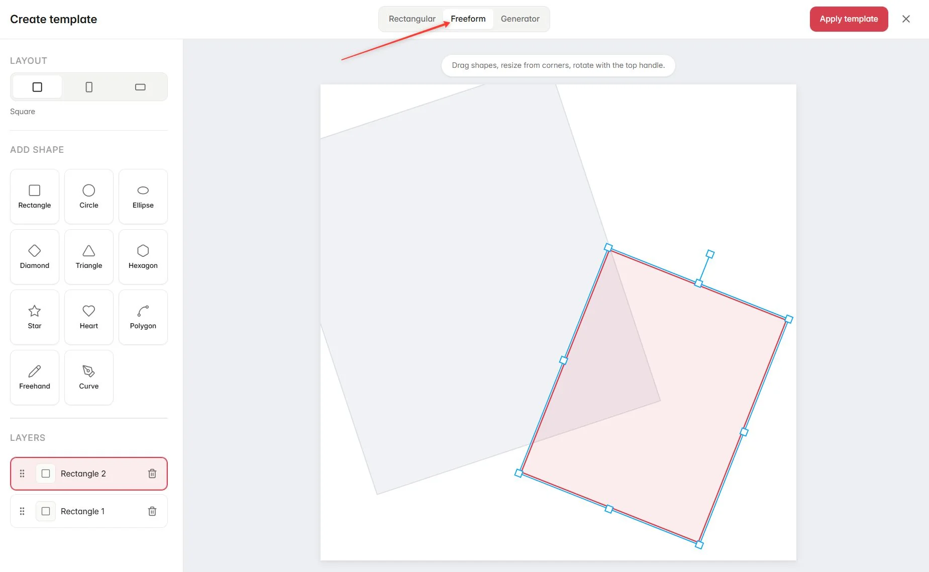 Freeform mode: the shapes panel and two overlapping shapes on the canvas
