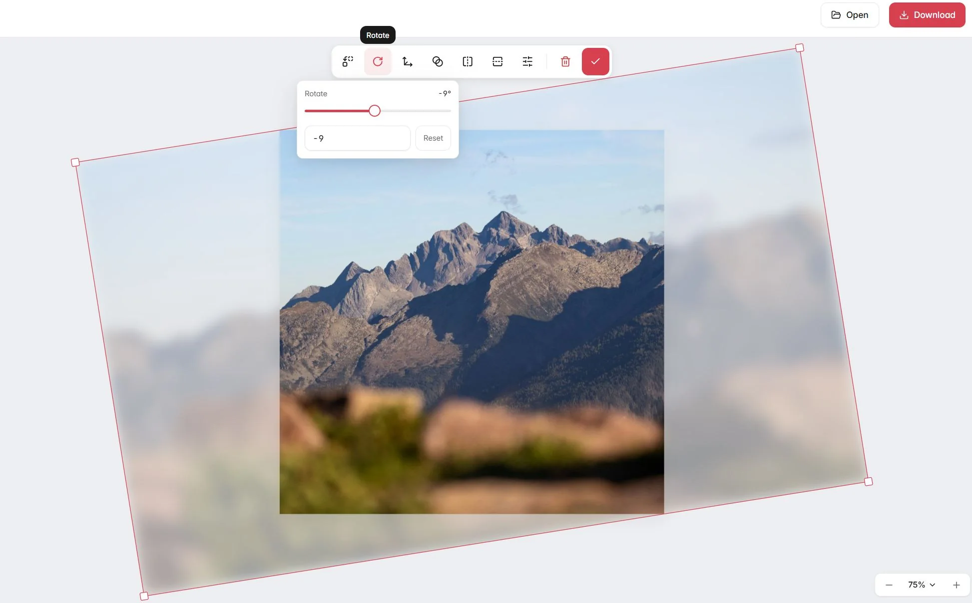 Cell edit mode: the rotate popover with a −180°…+180° slider