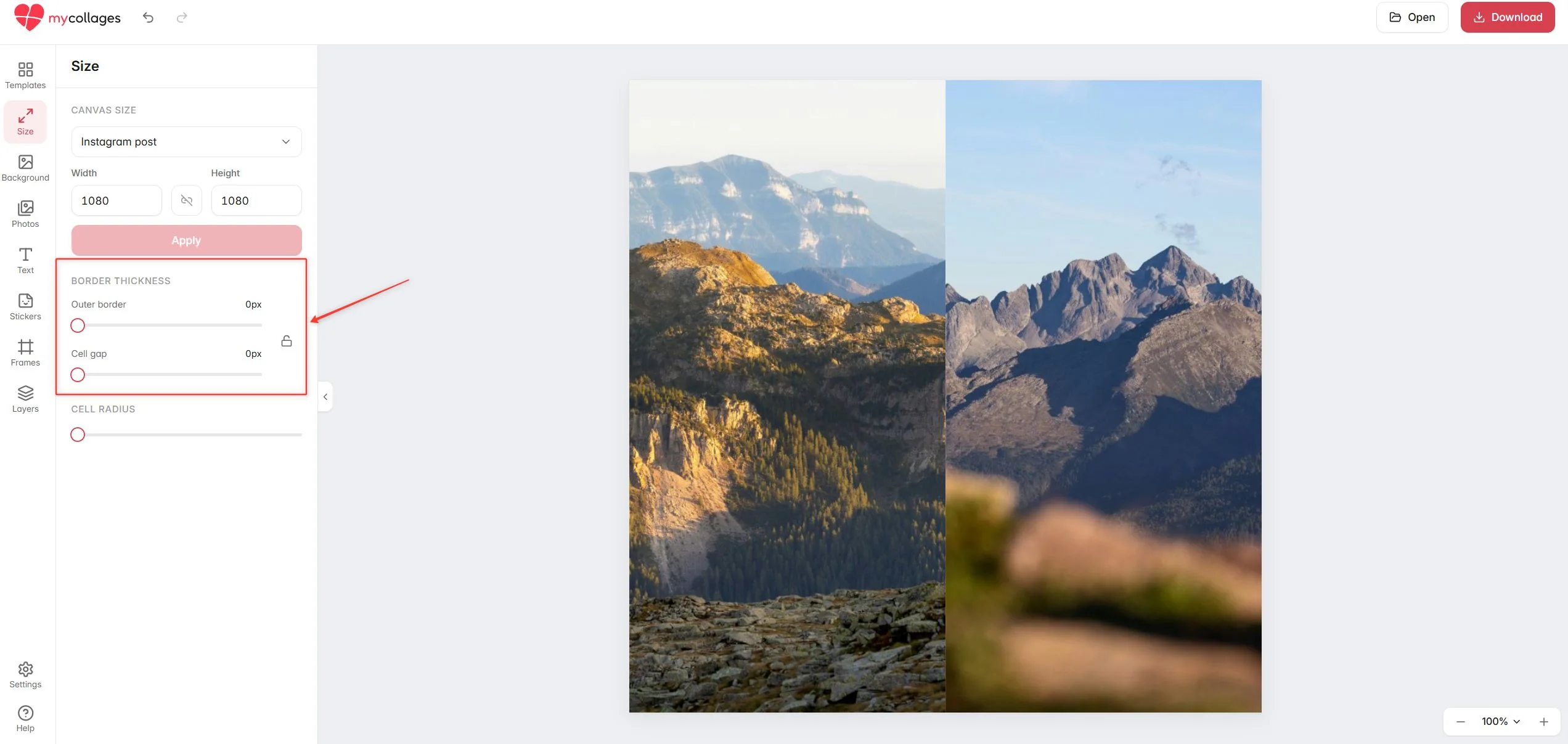 The Size panel: border-thickness sliders between photos and the canvas size