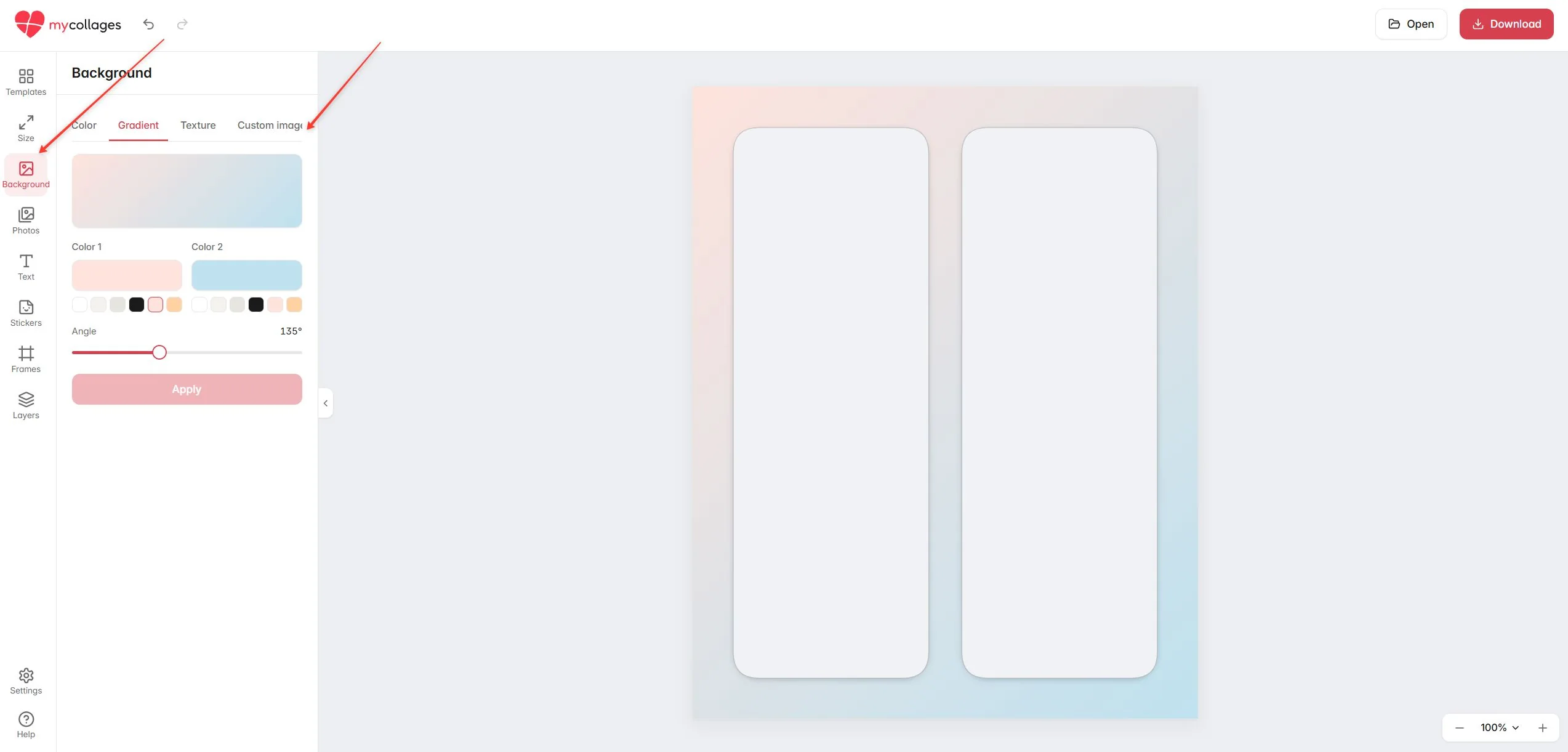 The Background section: colour, gradient, texture and your own image