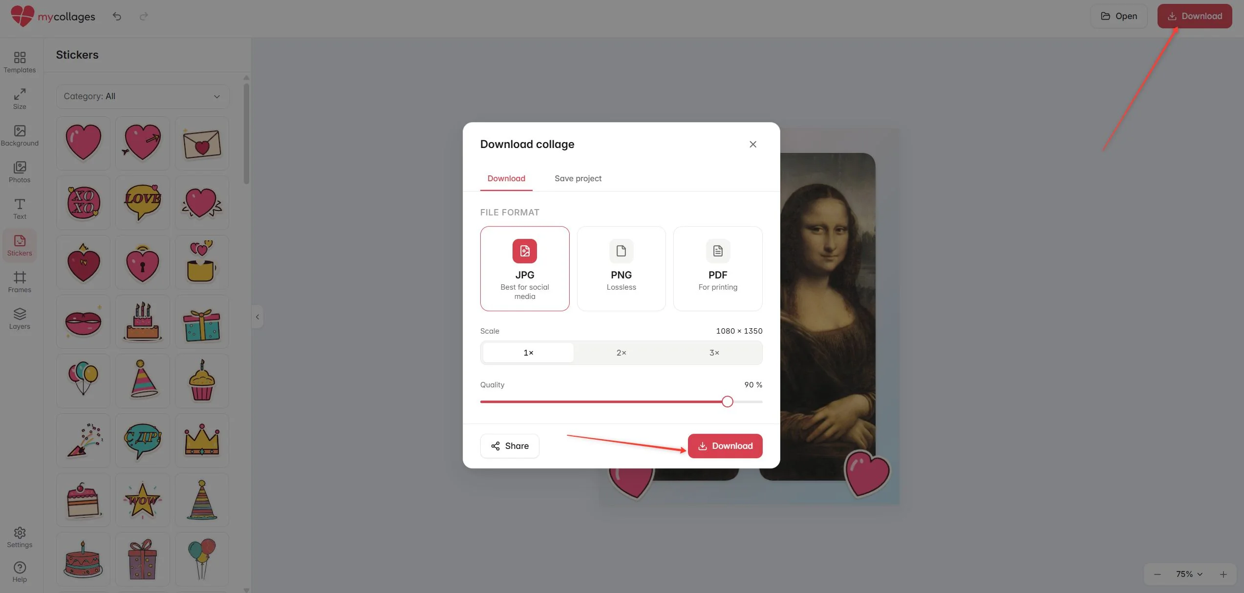 The Download collage dialog: JPG, PNG, PDF formats, scale and quality