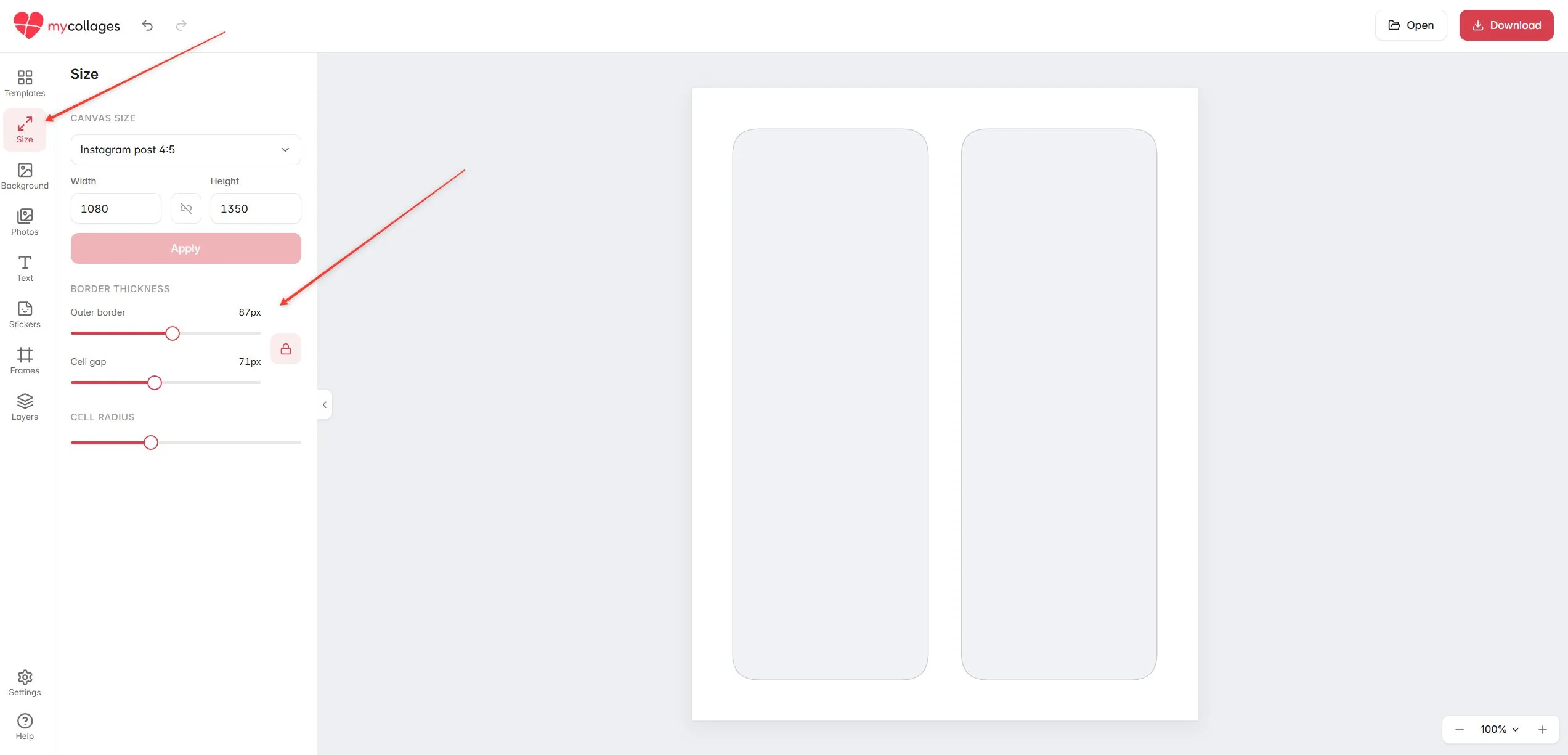 The Size section: presets, width and height, border thickness and cell radius