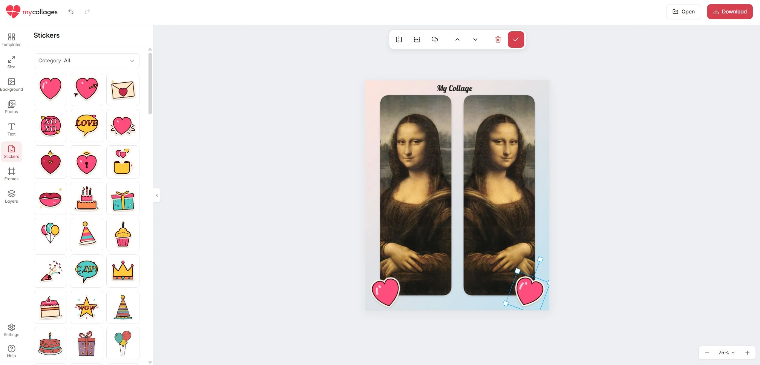 The Stickers section: stickers by category and hearts on the collage