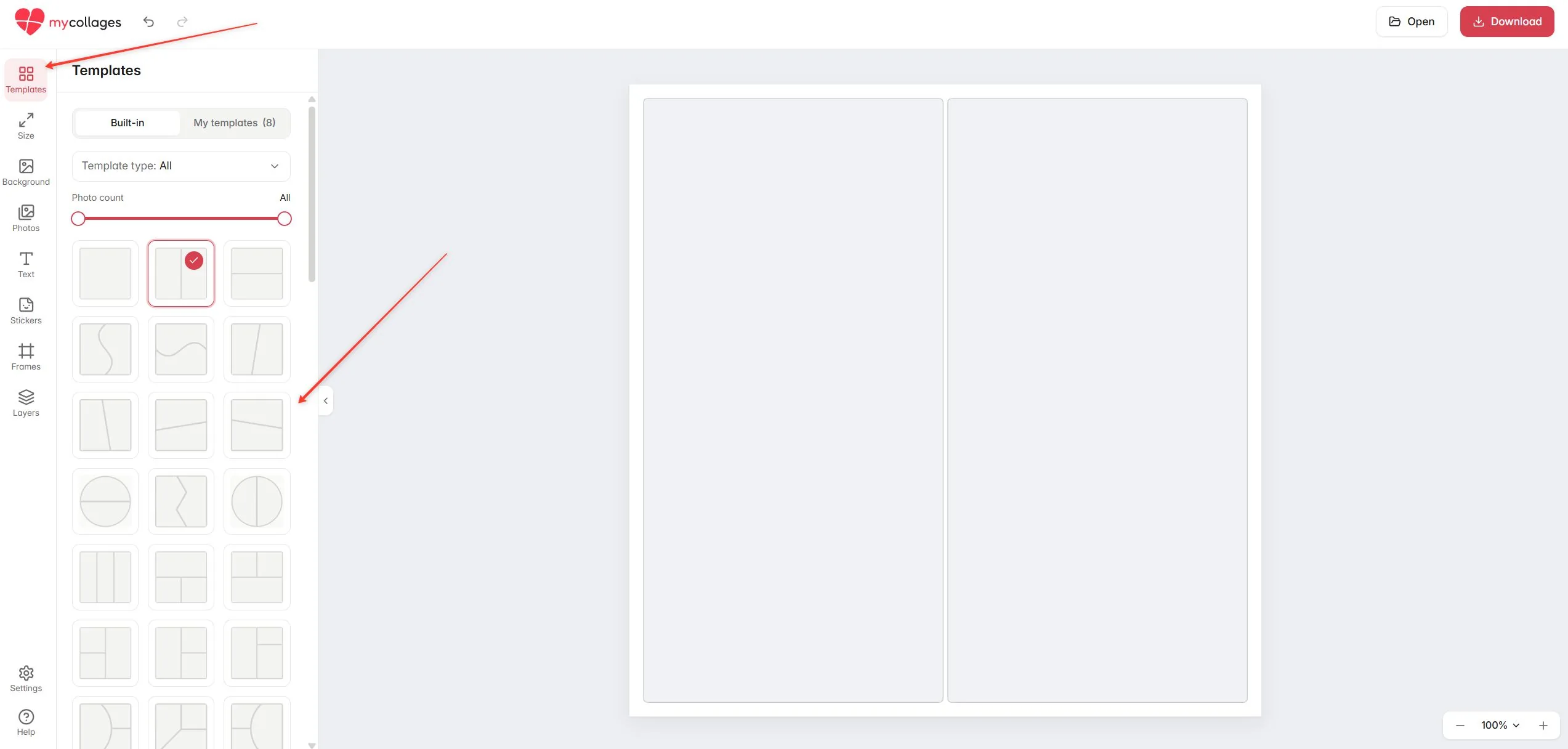 The Templates panel on the left with ready layouts and filters