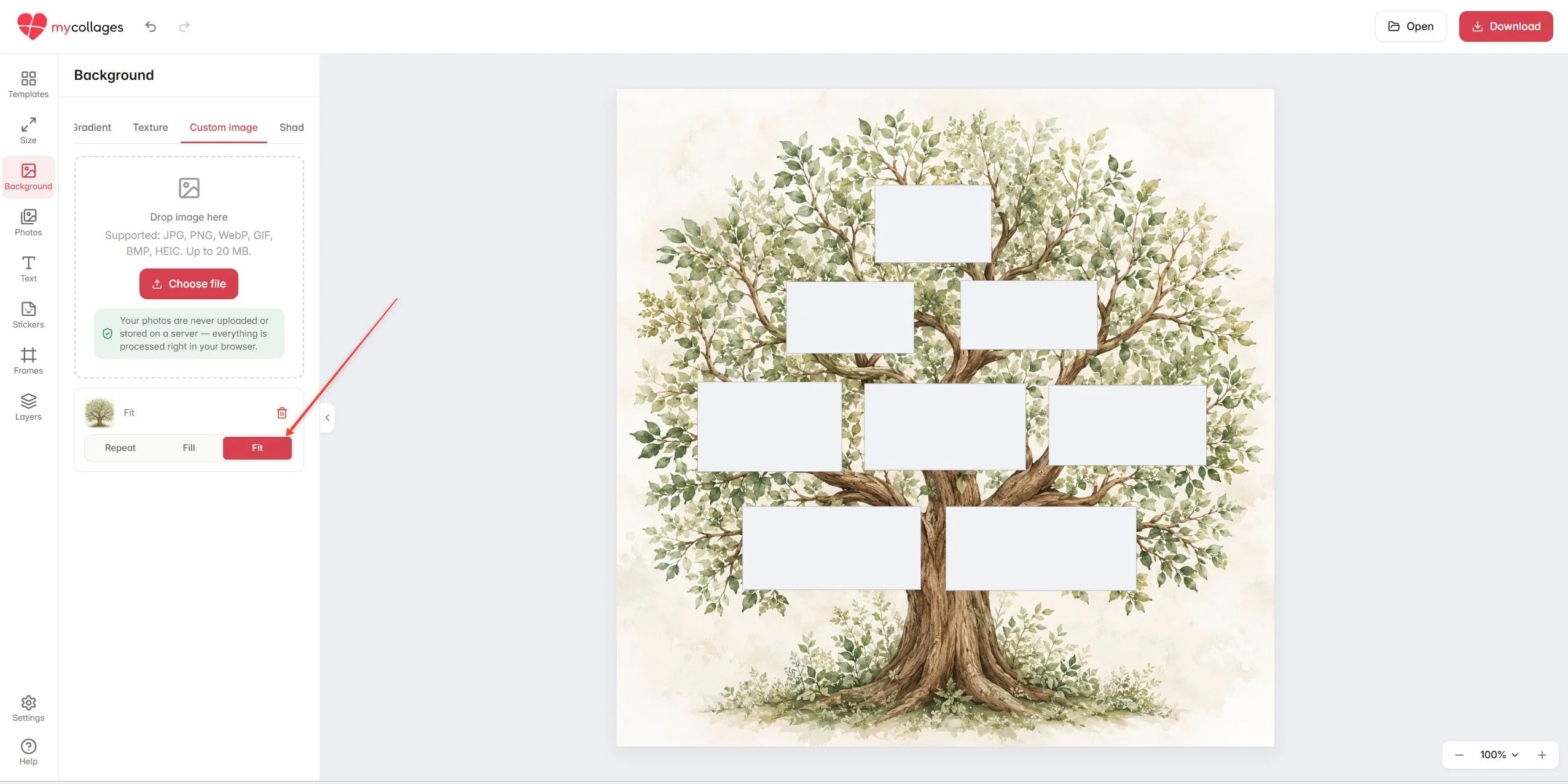 A watercolour tree set as the collage background with photo cells on its branches