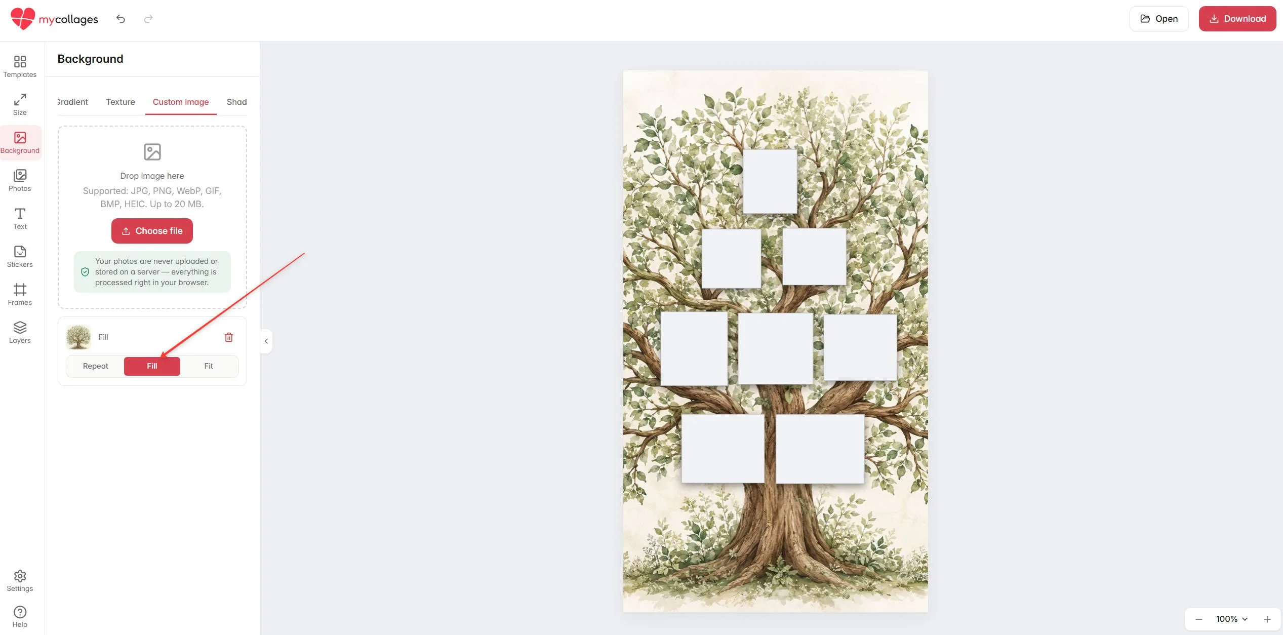 The family-tree collage in portrait orientation, the tree filling an A-format canvas
