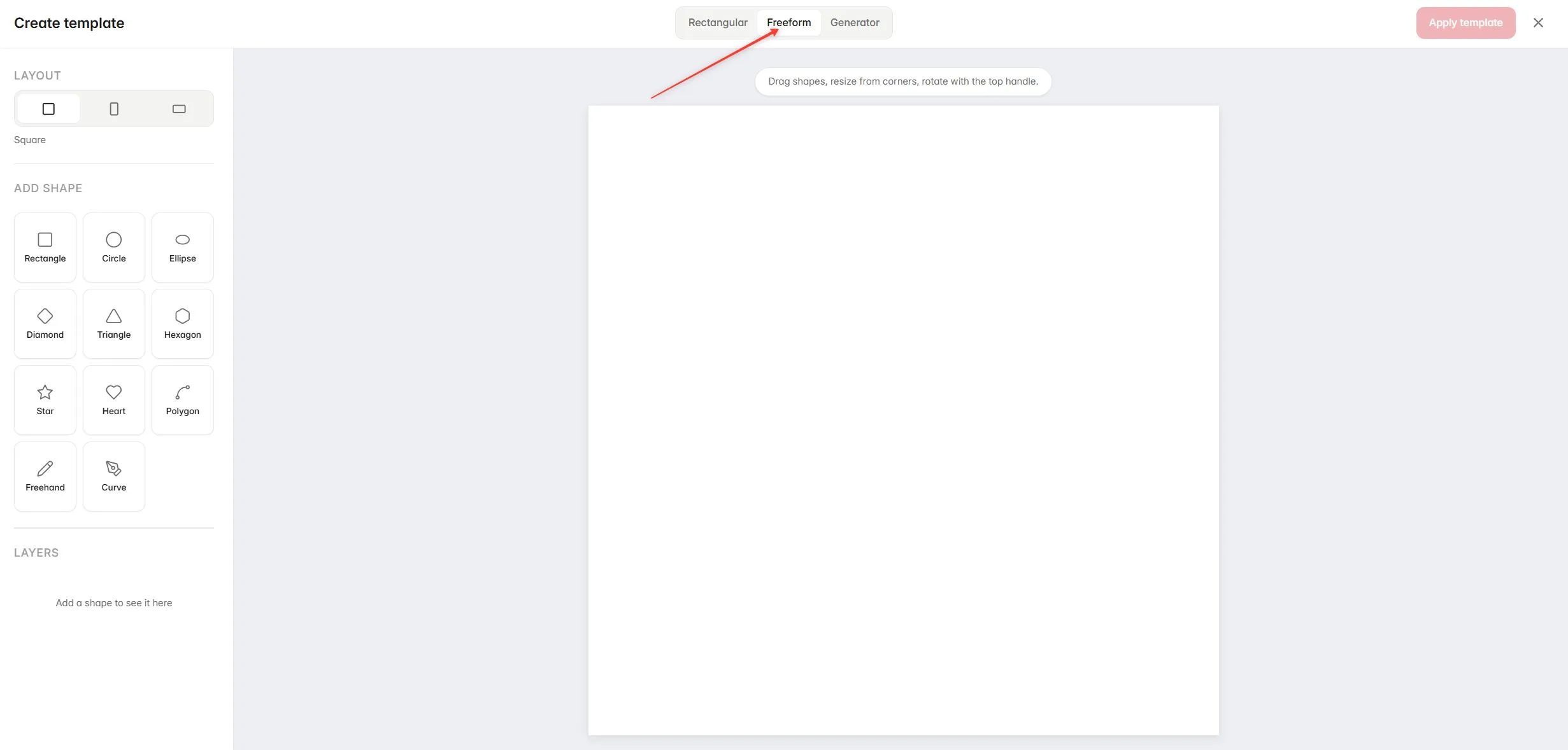 The Create template window in Freeform mode with the shape palette