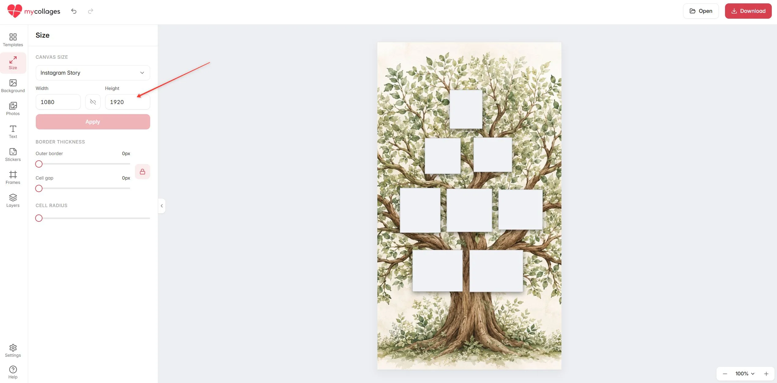 The Size panel with a portrait canvas size set
