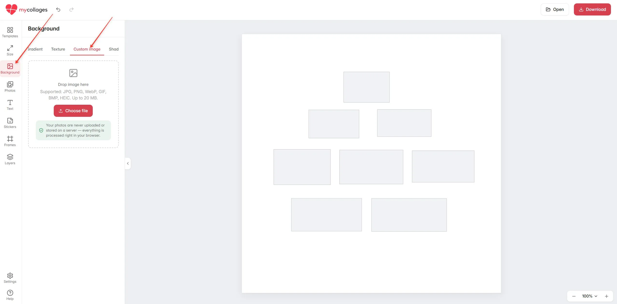 The Background panel on the Custom image tab with the upload area