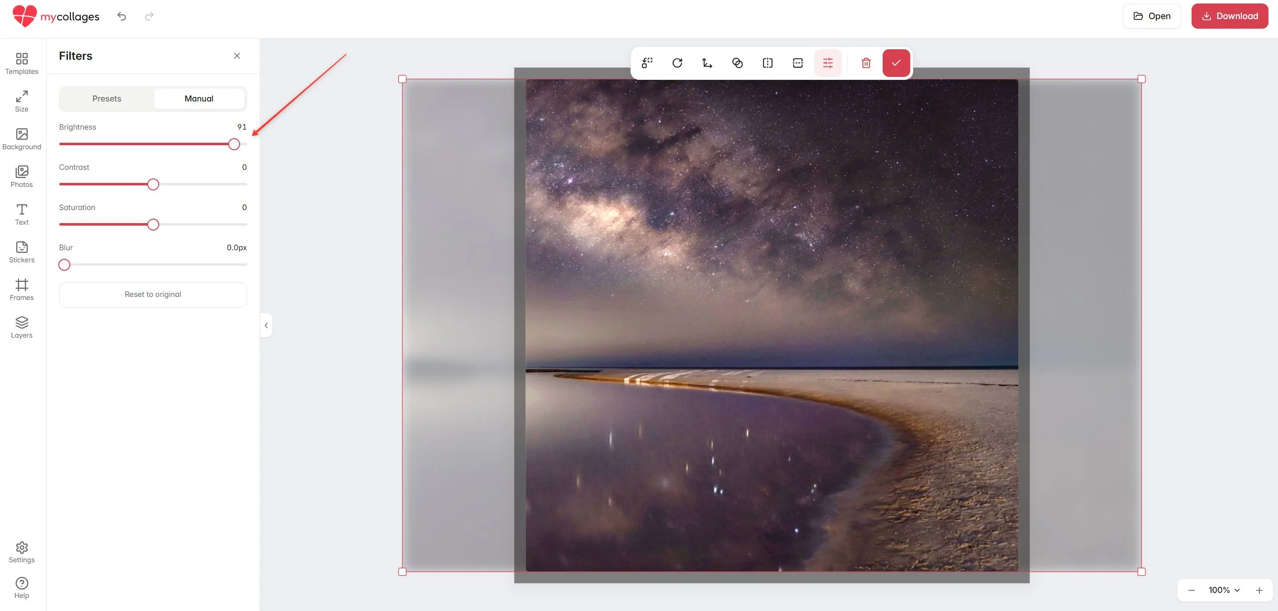The Manual tab with brightness, contrast and saturation sliders