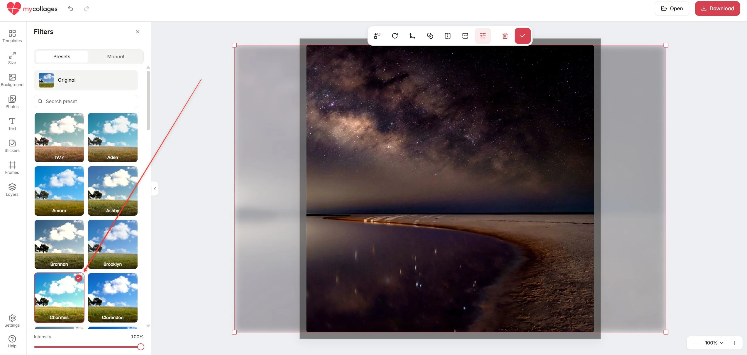 The Presets tab with filter thumbnails and the Intensity slider
