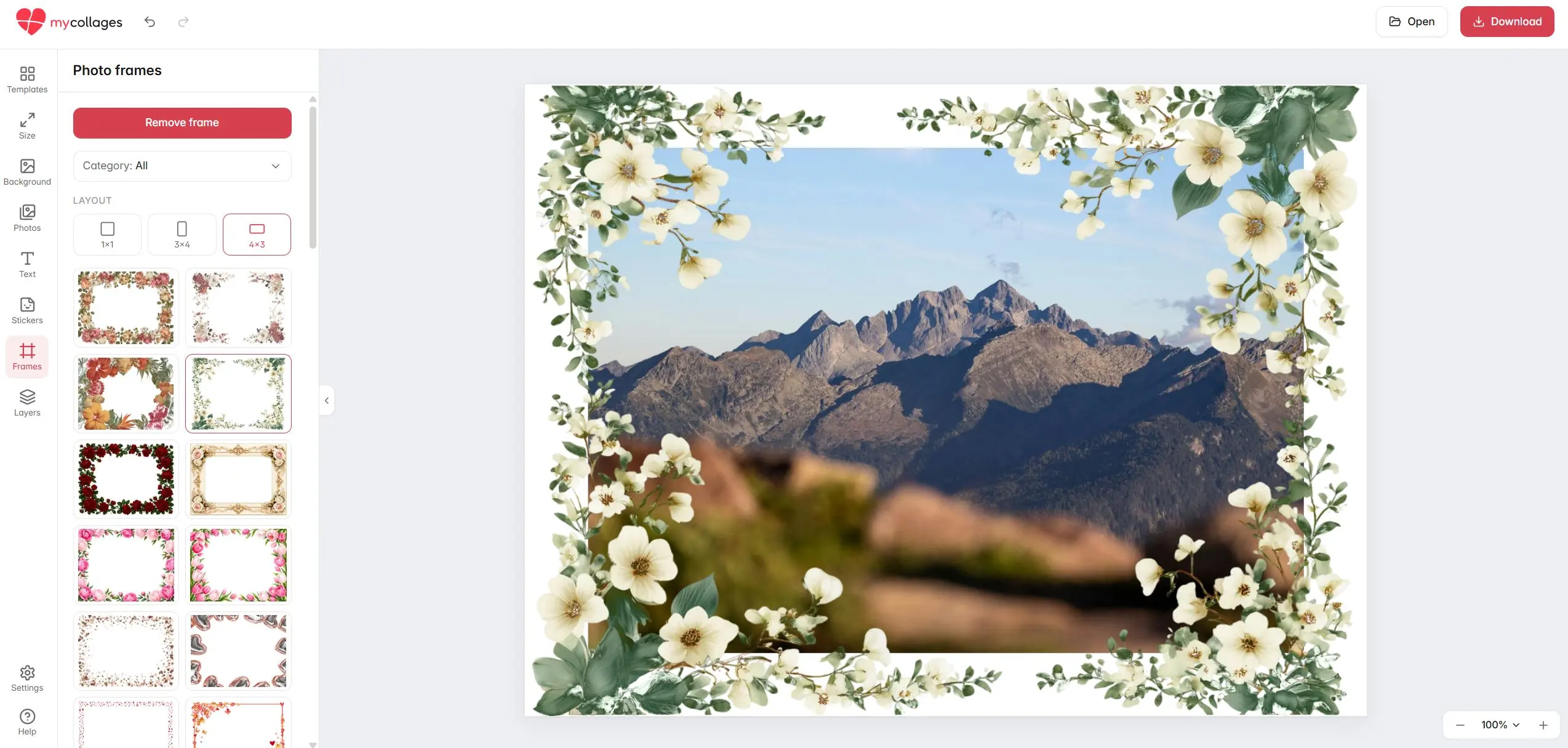 The Photo frames section: choosing a category, a layout and a frame applied to the collage