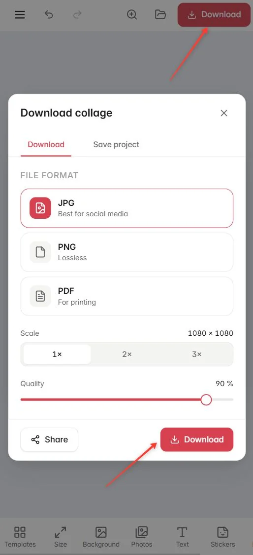 The Download collage dialog on a phone: formats, scale and quality