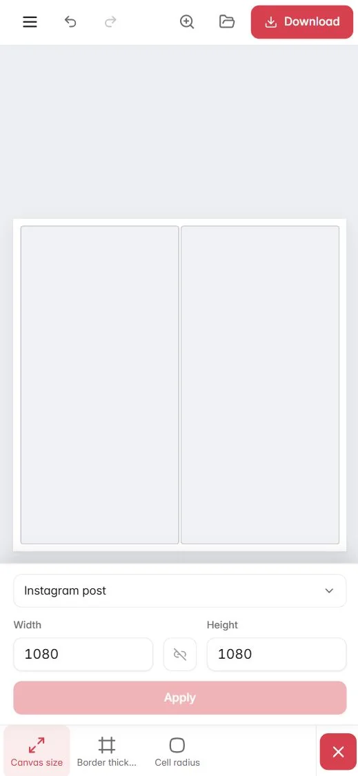 The Size section on a phone: preset, width and height