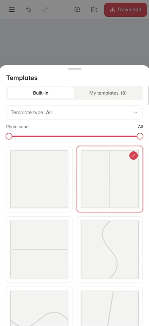 The Templates panel slid up from the bottom on a phone