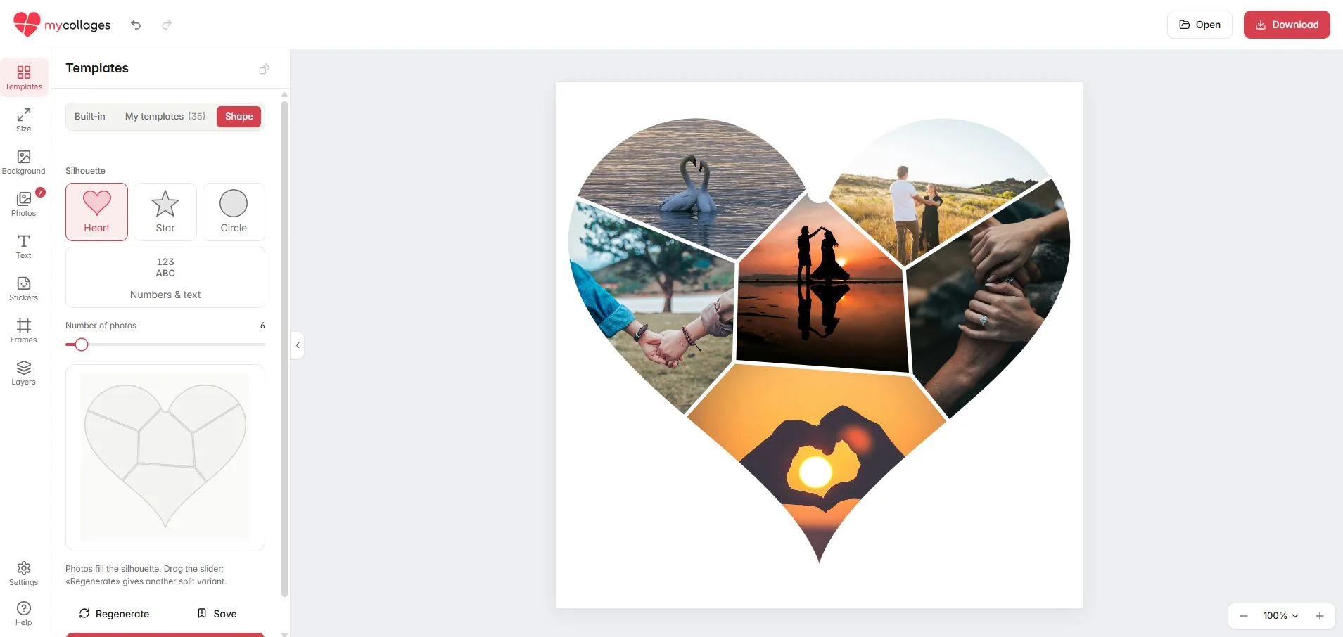 The “Shape” tab in the MyCollages editor: silhouette picker, photo-count slider and a heart collage on the canvas
