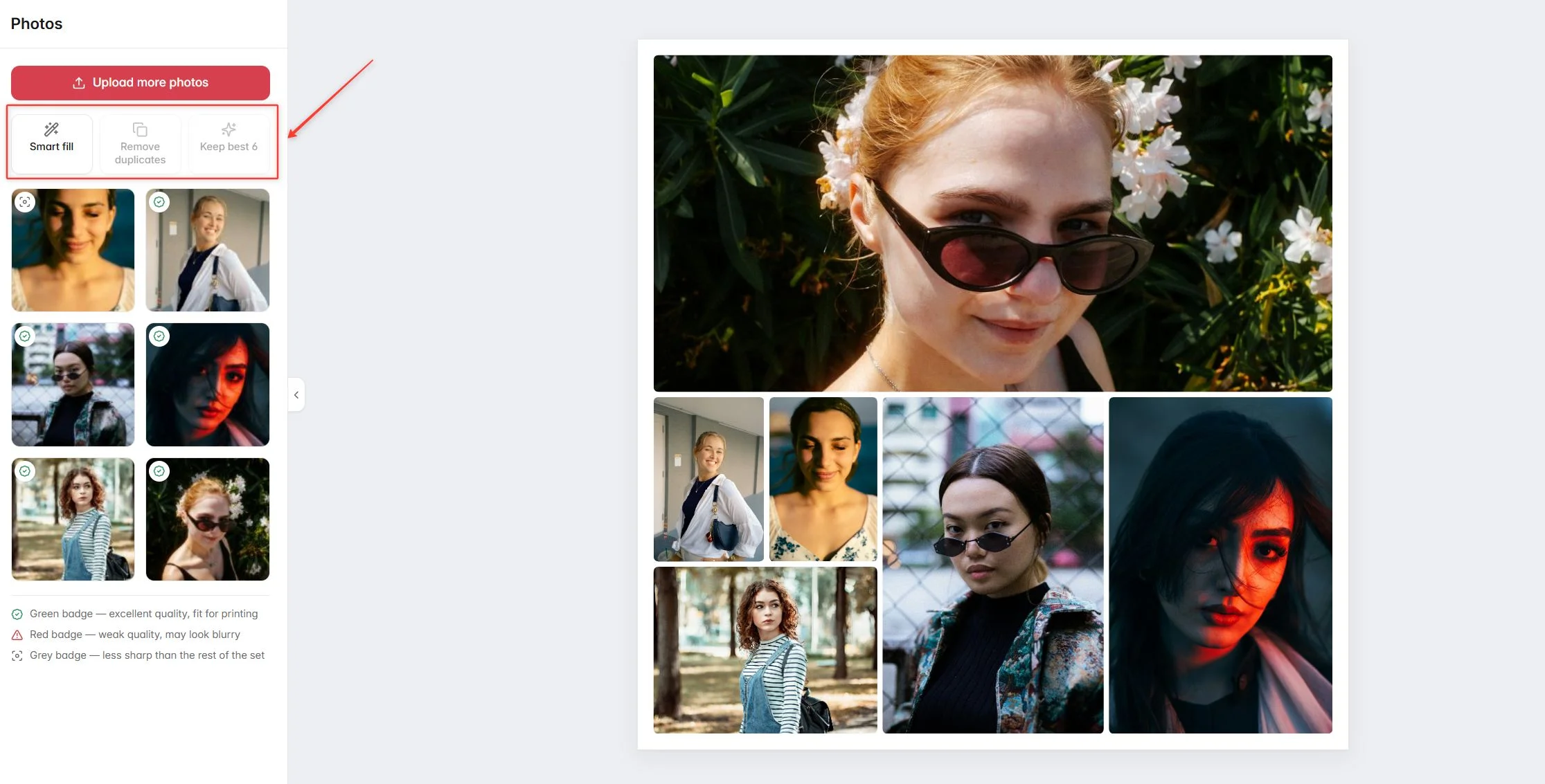 El panel «Fotos» con los botones «Relleno inteligente», «Quitar repetidas» y «Quedarse con las mejores», junto al collage que han montado