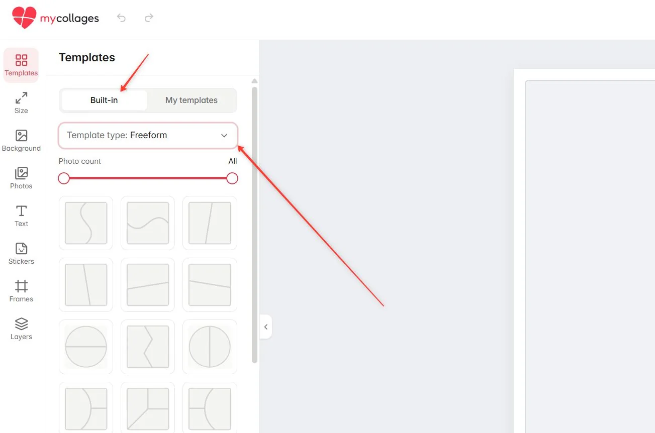 The Built-in tab with the Template type filter set to Freeform — layouts made of shapes