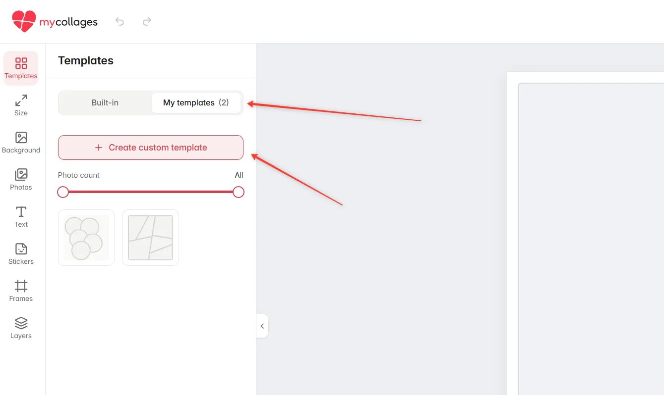 The My templates tab with the Create your own template button and saved layouts