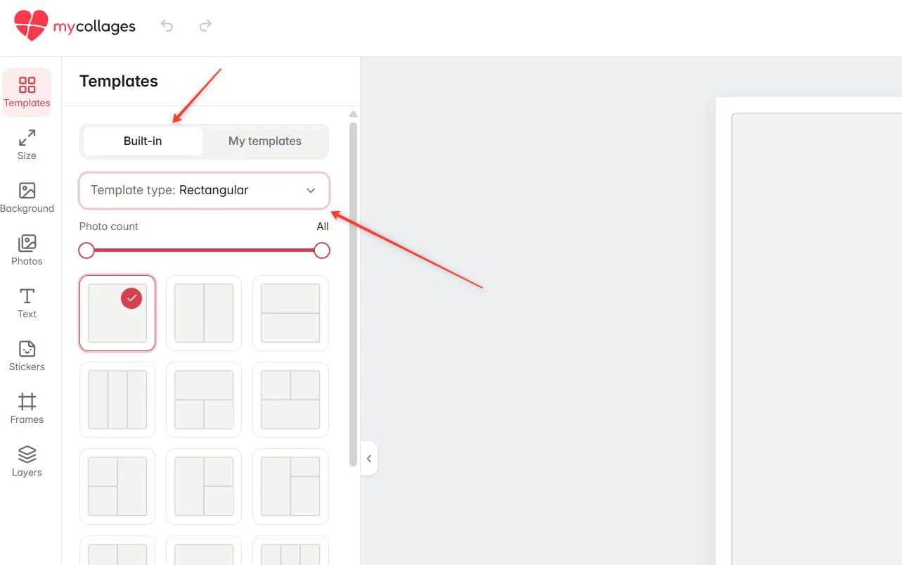 The Built-in tab with the Template type filter set to Rectangular and the photo-count slider