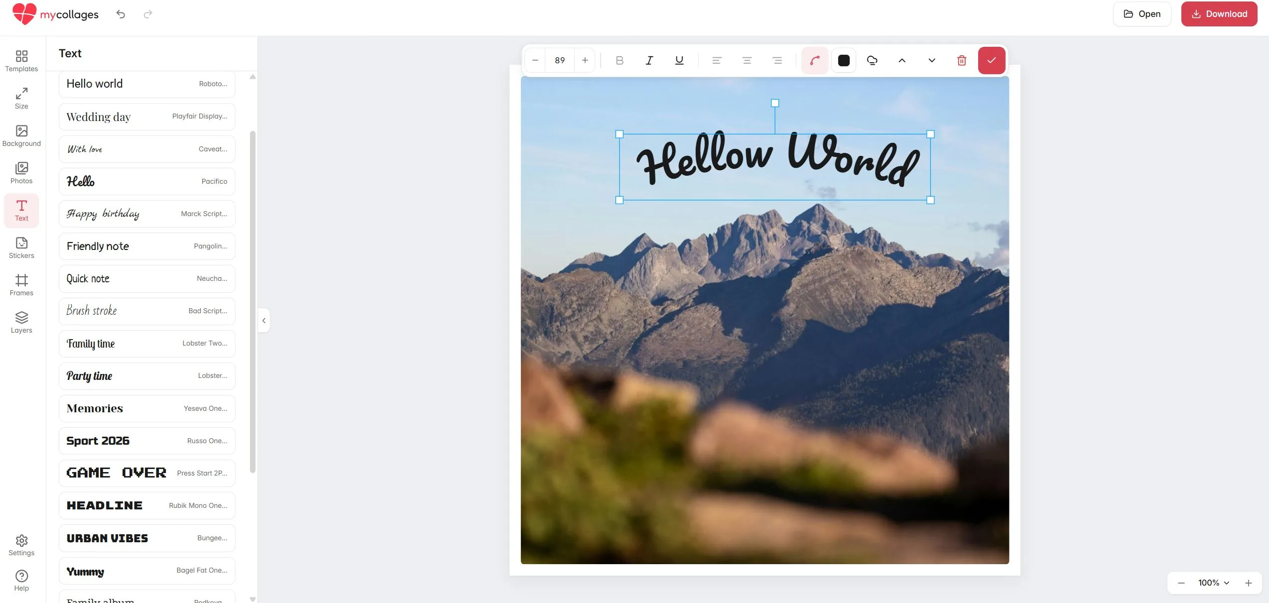 The Text section: the font list and the text-editing toolbar with the curve button